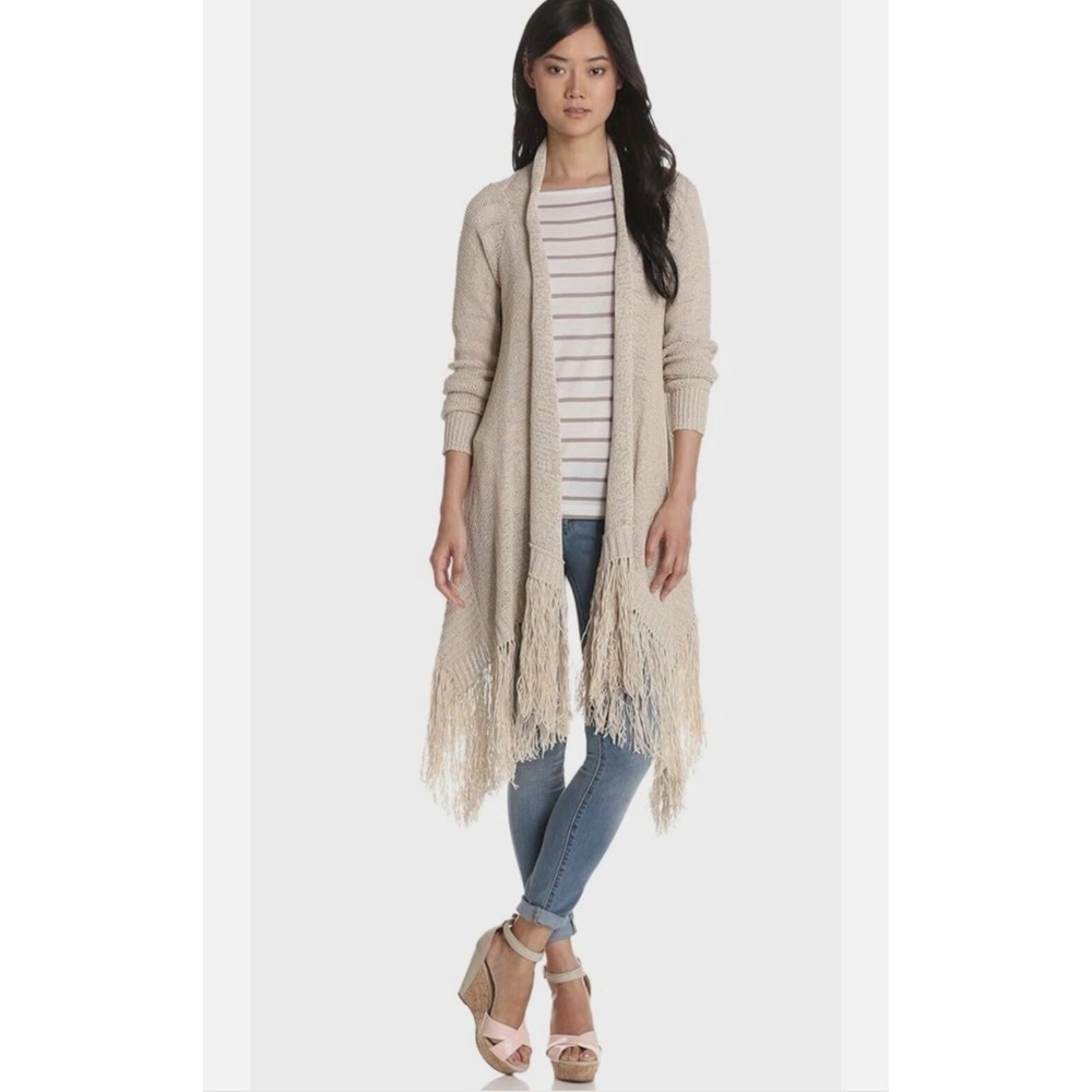 BCBGmaxazria Soho Beige Open Front Cardigan Fringe Long Size Small Boho Festival